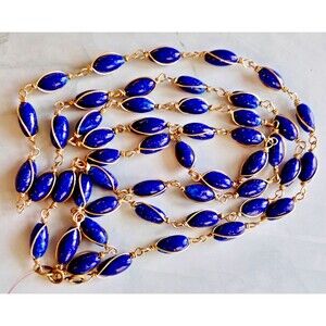 Lapis Lazuli Bead Copper Wire Wrapped Chain Link Long Single Strand Necklace 48"